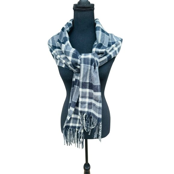 Scottish-Made 100% Cashmere Plaid Scarf Fringe Blk Grey Old Money Organic Fabric - Picture 1 of 5